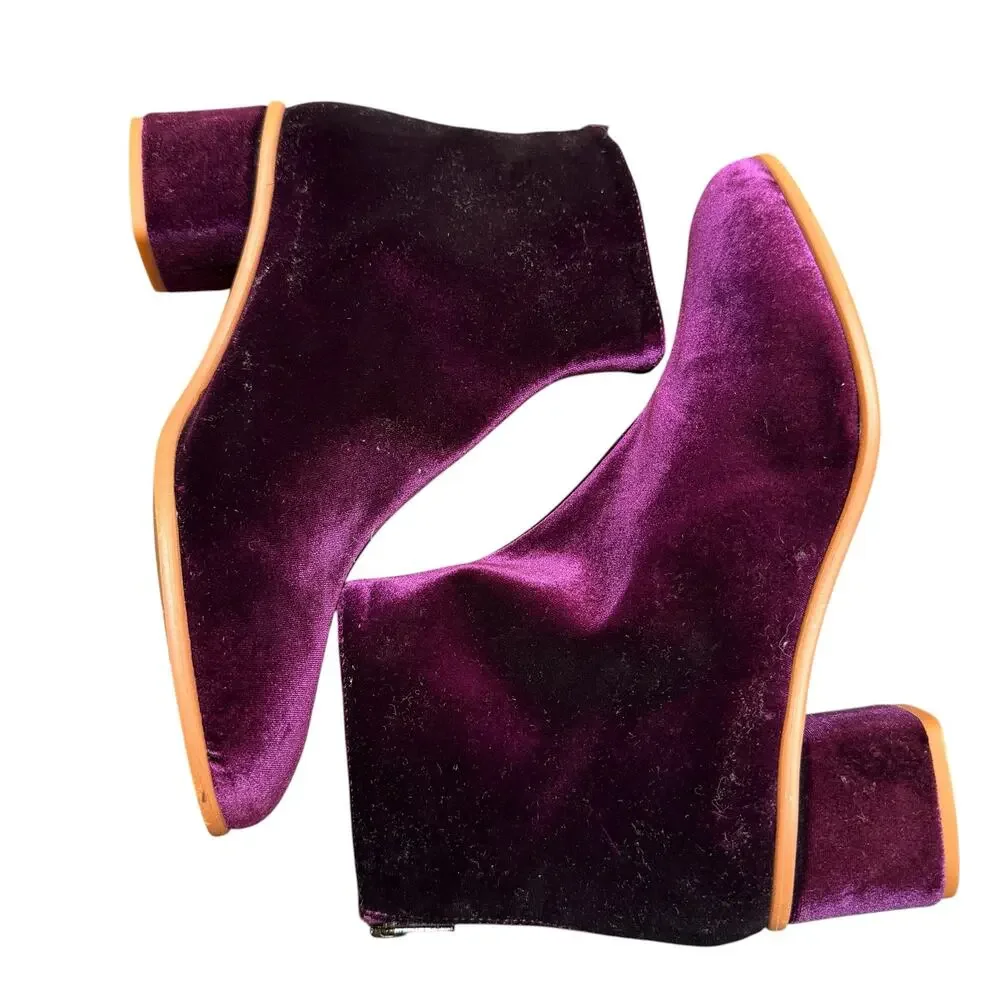 By Anthropologie Velvet Ankle Boots 38 7 Purple Plum Block Heel Booties Shoes
